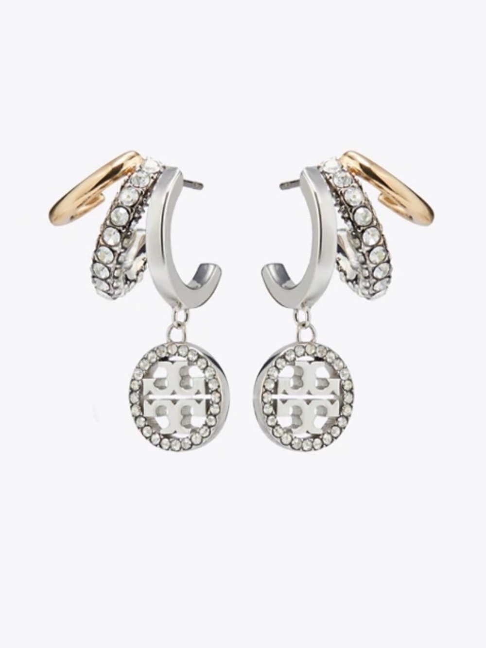 NWT Tory Burch Icon Pavé Two-Tone Triple Hoop Logo Drop Earrings
